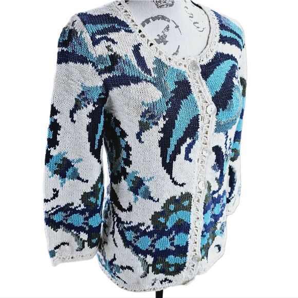 RARE Peruvian Connection Women's Floral Printed Cardigan Cream Teal Size XS - Picture 2 of 9